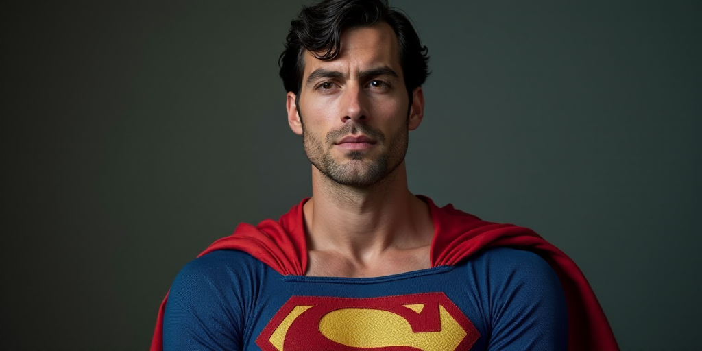 a man in a superman suit with a red cape on his shoulders and a blue shirt on his chest, Clark Voorh