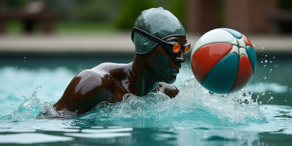 a man in a swimming cap is throwing a ball in the water while wearing a swimming cap and goggles, An