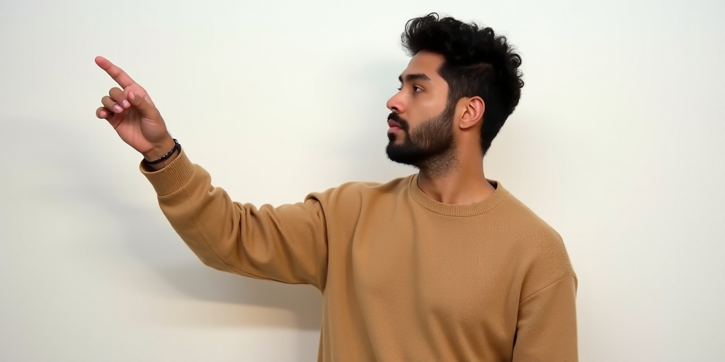 a man in a tan sweater pointing at something with a finger in his hand and a white wall behind him,