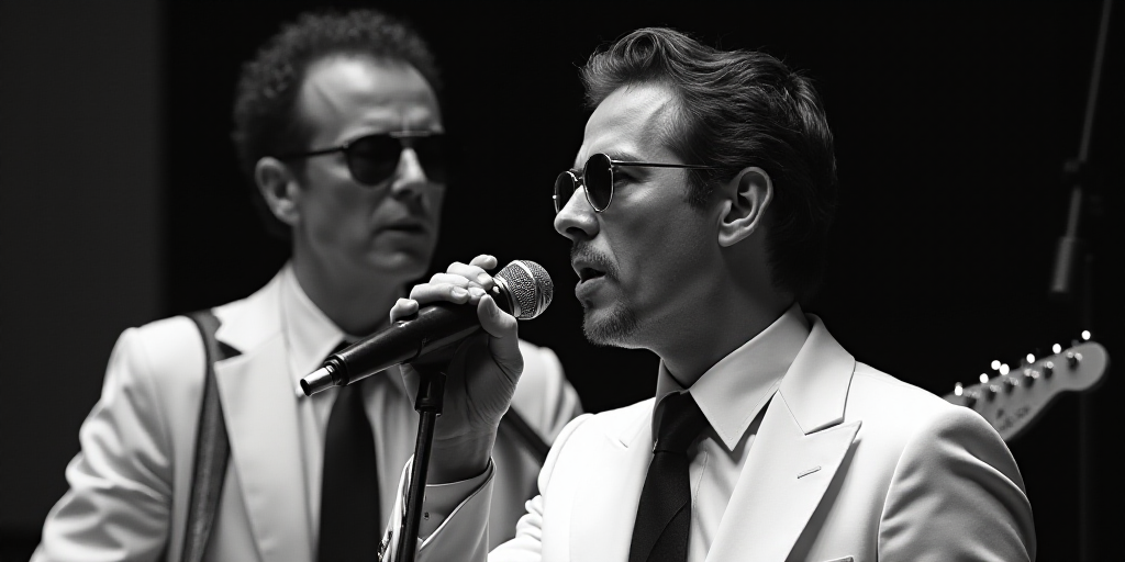 a man in a tie and sunglasses sings into a microphone while another man in a white jacket and tie st