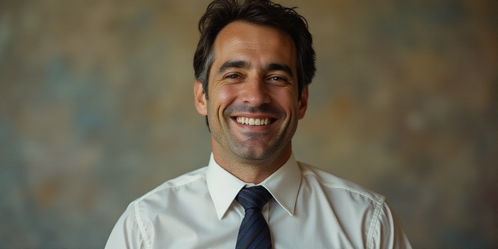 a man in a tie is smiling for the camera with a caption in spanish above him that reads, enrique cam
