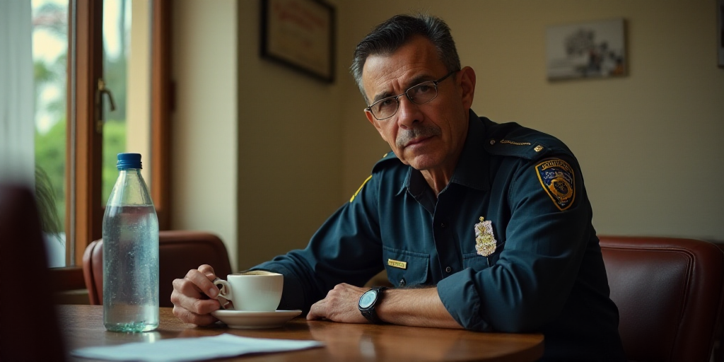 a man in a uniform sitting at a table with a cup of coffee in front of him and a bottle of water in