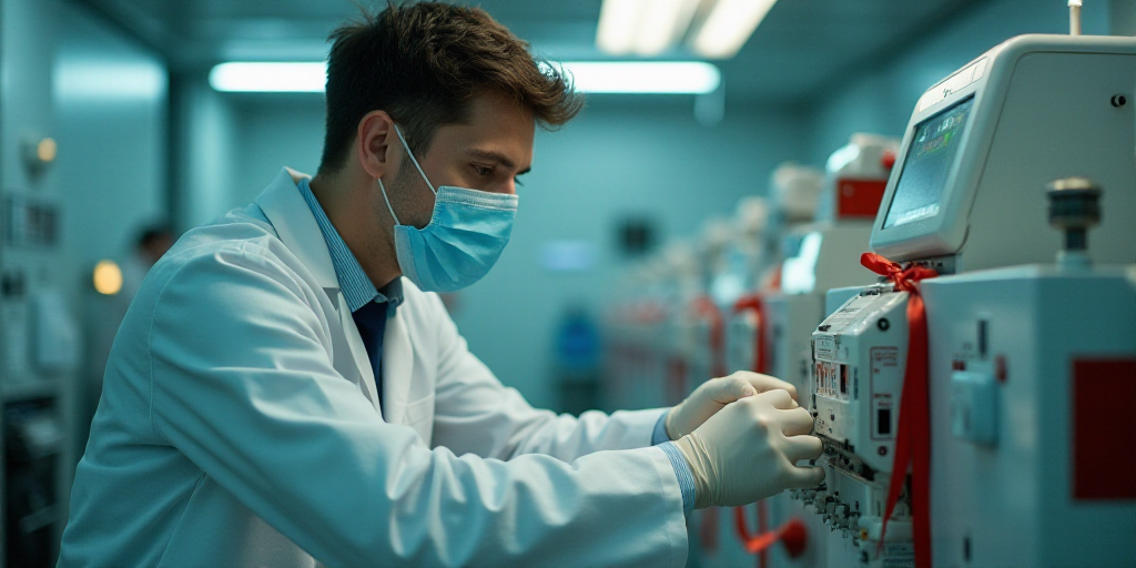a man in a white lab coat and a mask is putting something on a machine with a red ribbon, Aquirax Un