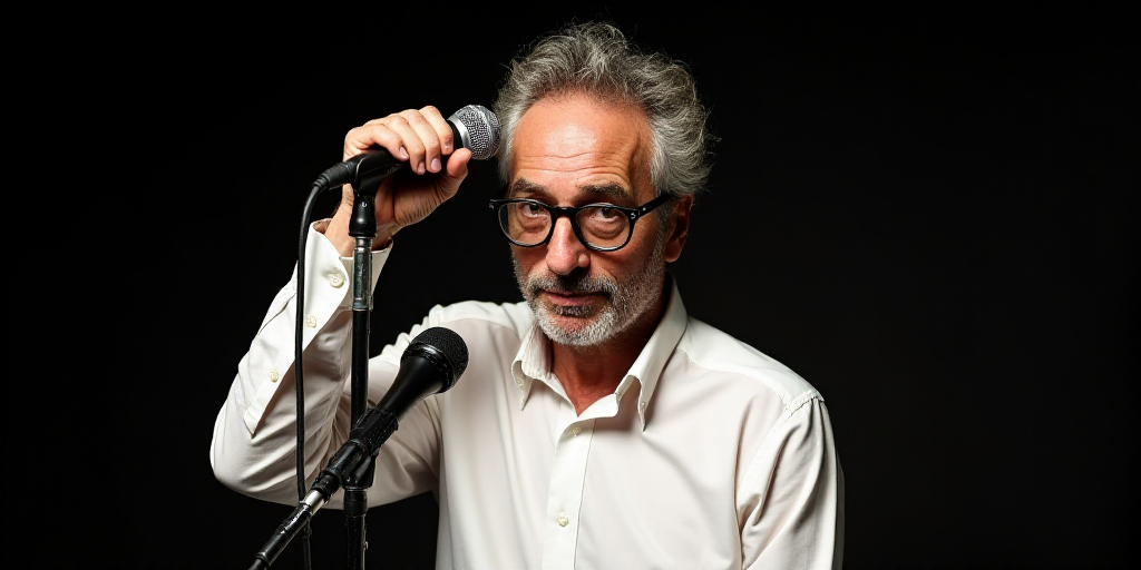 a man in a white shirt and glasses holding a microphone to his head while standing in front of a mic
