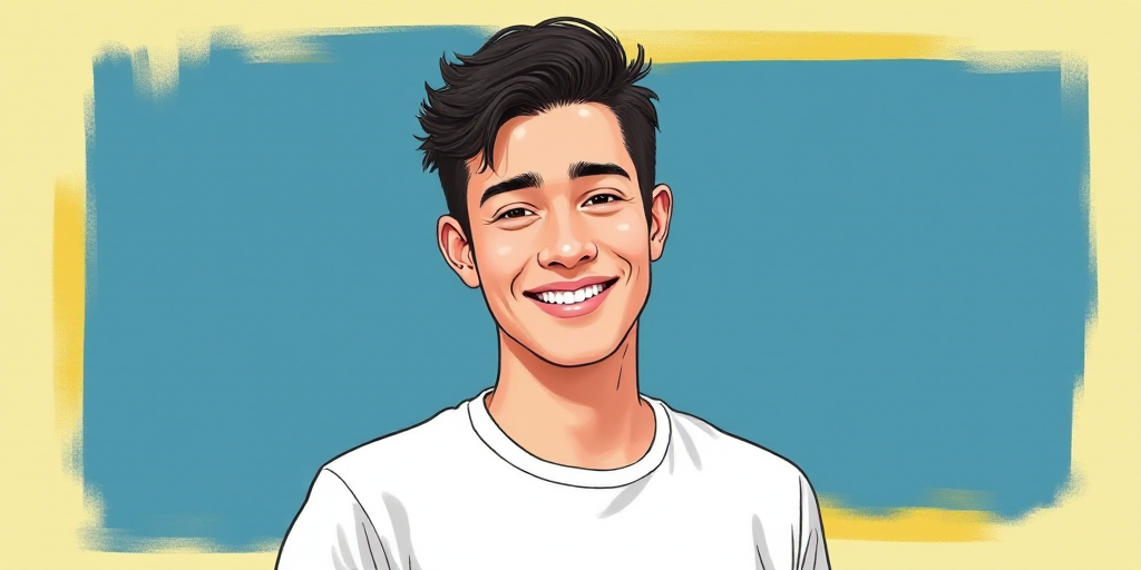 a man in a white shirt is smiling for a picture with a blue background and a yellow border around hi