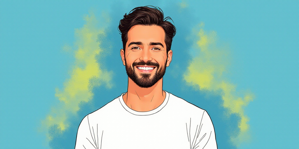 a man in a white shirt is smiling for a picture with a blue background and a yellow border around hi