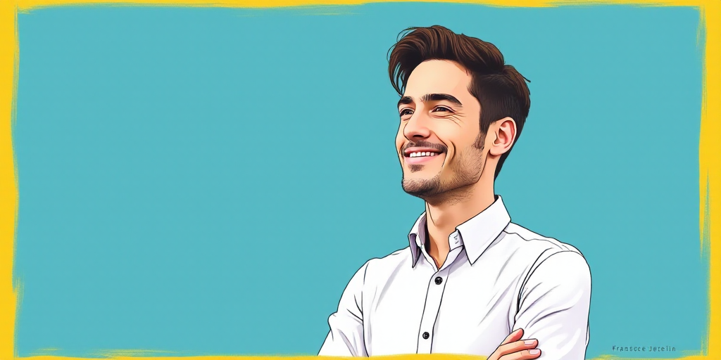 a man in a white shirt is smiling for a picture with a blue background and a yellow border around hi