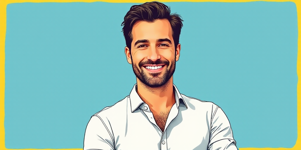 a man in a white shirt is smiling for a picture with a blue background and a yellow border around hi