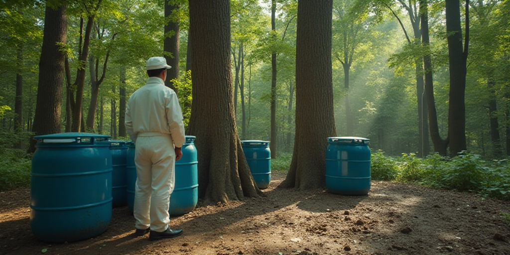 a man in a white suit is standing near a tree and several barrels of water in the woods and dirt, Aq