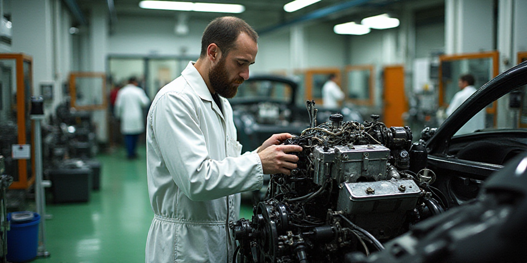 a man in a white suit working on a car engine in a factory with other workers nearby and a machine i