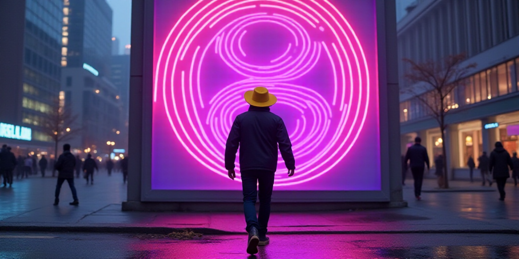a man in a yellow hat and a black jacket is walking past a large sign with a purple and pink design,