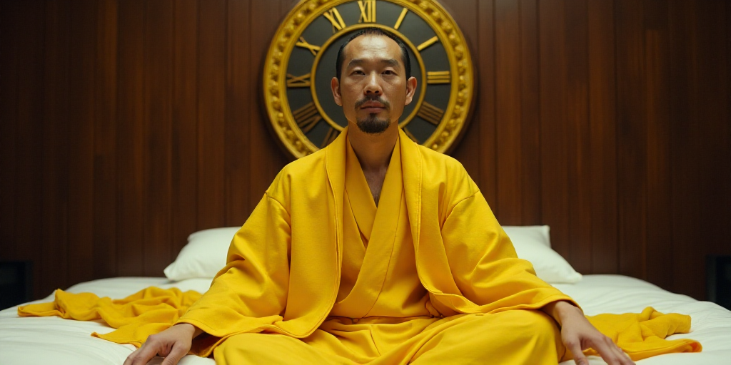a man in a yellow robe sitting on a bed with a yellow blanket on it's head and a gold clock in the b