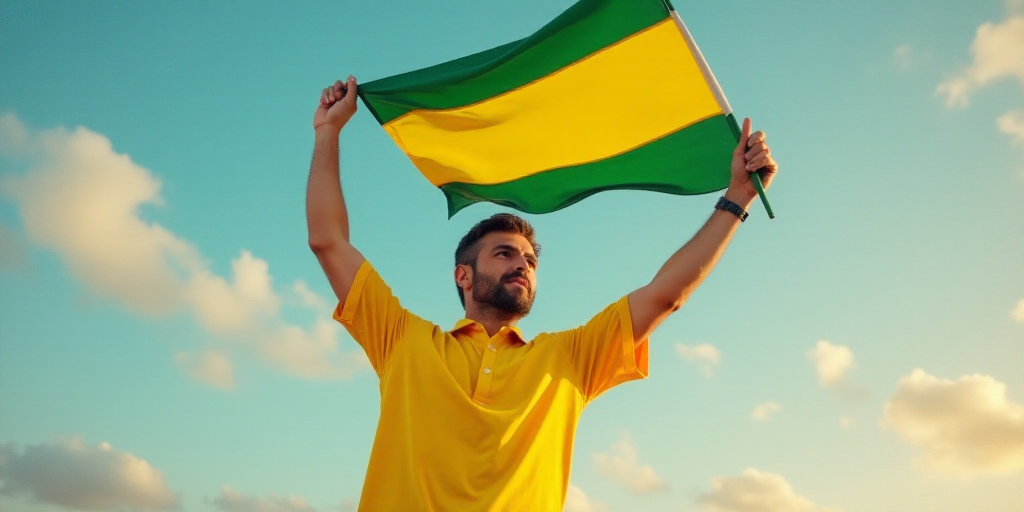 a man in a yellow shirt holding a flag and a green and yellow flag in the air with his hands up, Ame