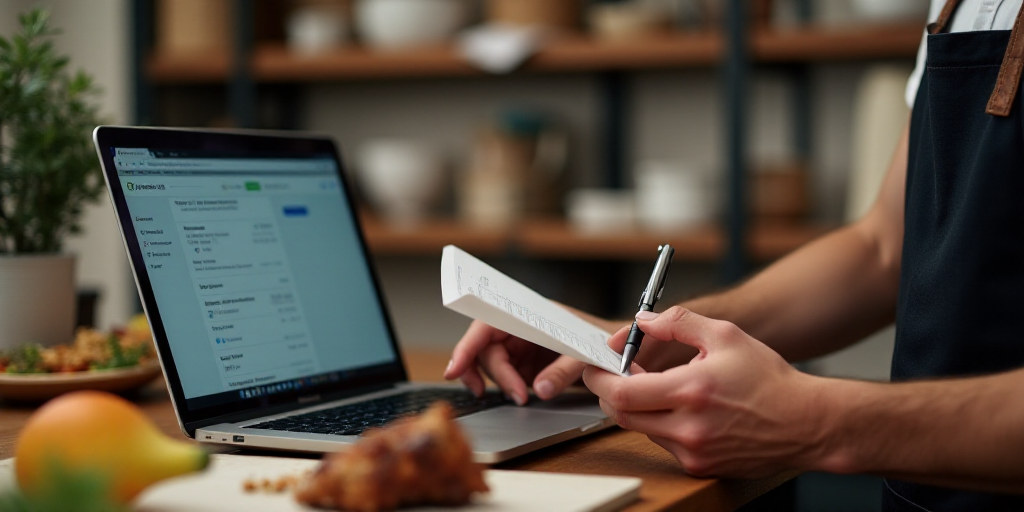 a man in an apron is working on a laptop computer and holding a pen and paper in his hand, Arlington