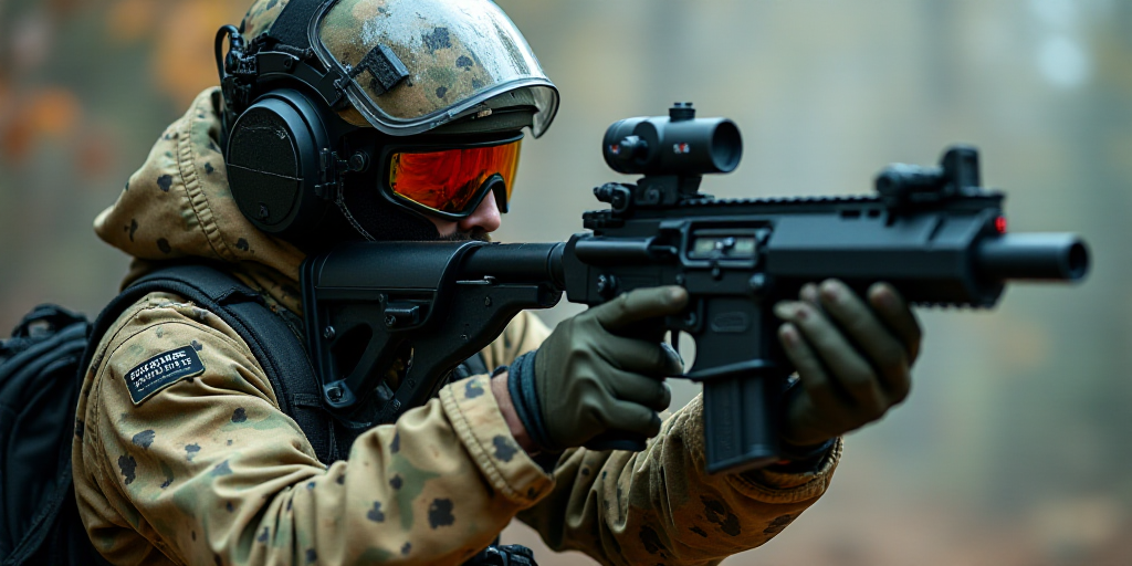 a man in camouflage holding a gun and a camera in his hand while wearing a helmet and gloves with a