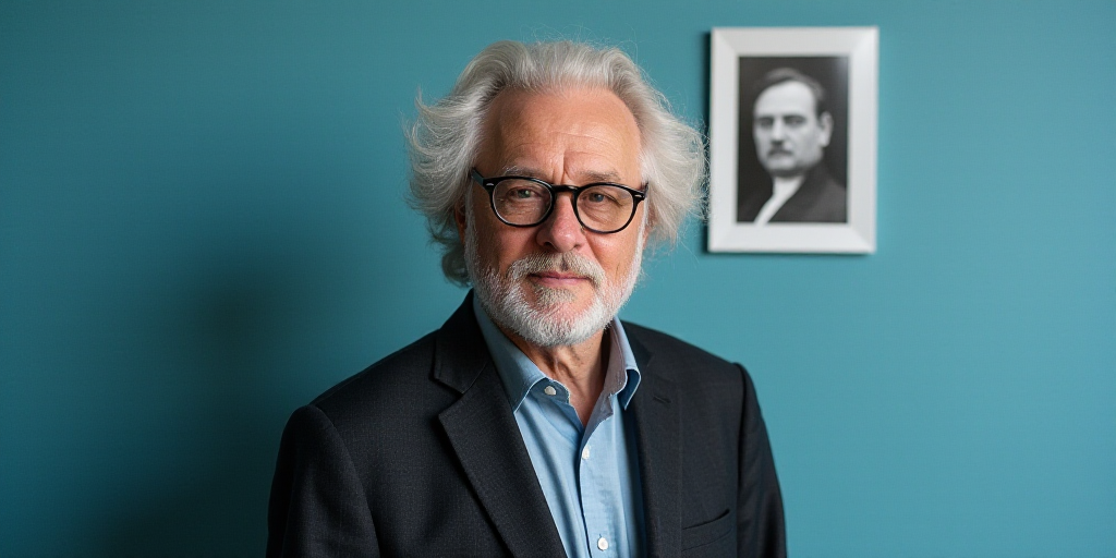 a man in glasses is standing in front of a blue background with a black and white photo of him, Edwa