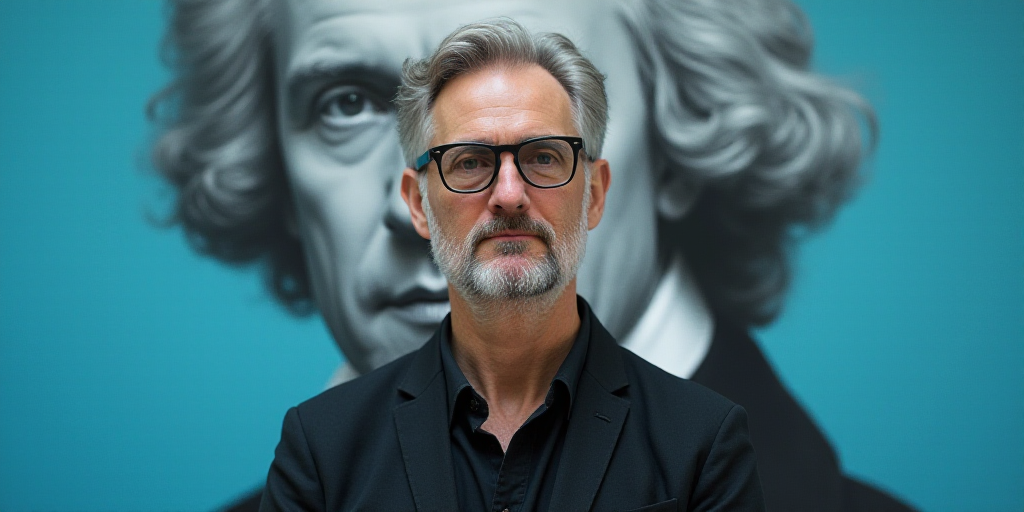 a man in glasses is standing in front of a blue background with a black and white photo of him, Edwa