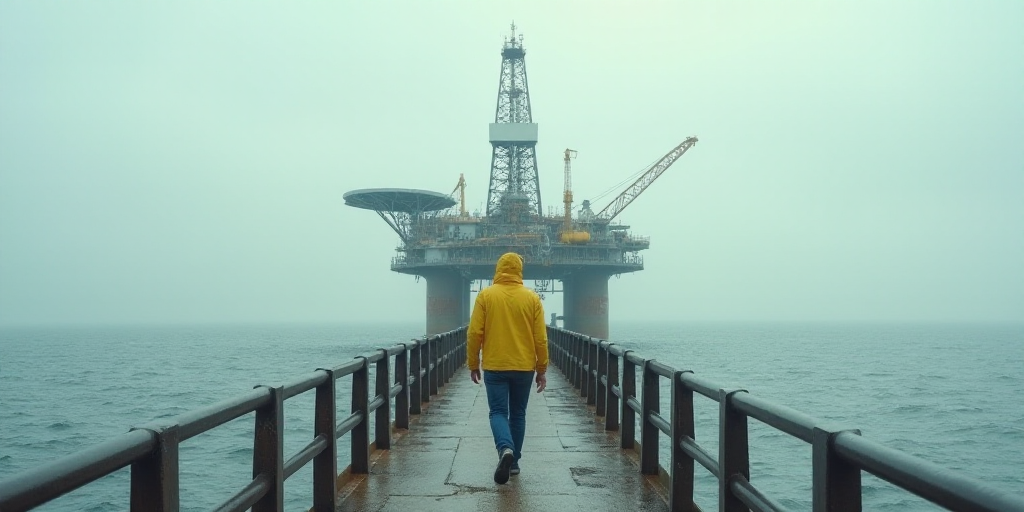 a man in yellow is walking on a bridge over the water with a large oil rig in the background, Consta