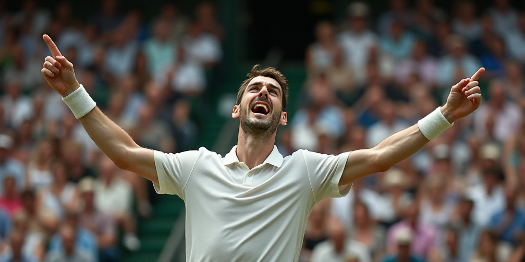 a man is excited about his tennis match performance in front of a crowd of people in the stands at a