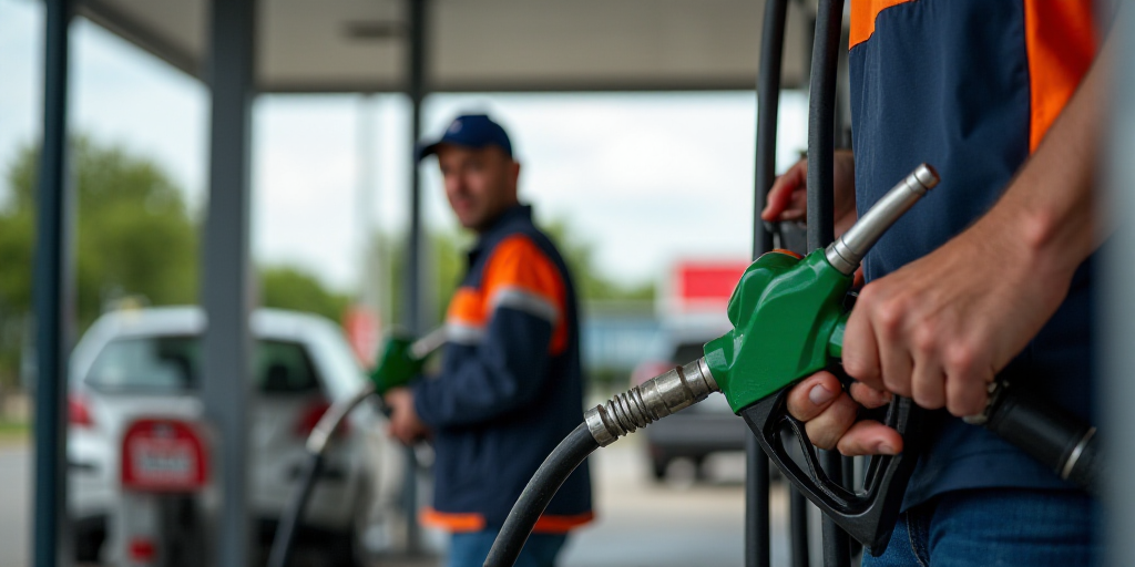 a man is filling up a gas pump at a gas station with a gas pump attendant in the background, Ceferí