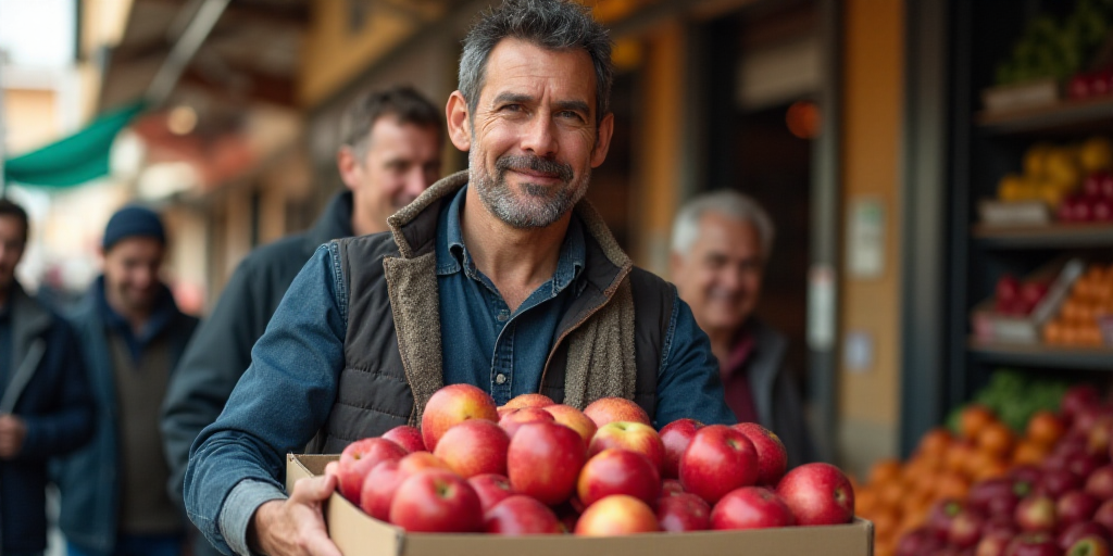 a man is holding a box of apples in a market with other people looking on and smiling at the camera,