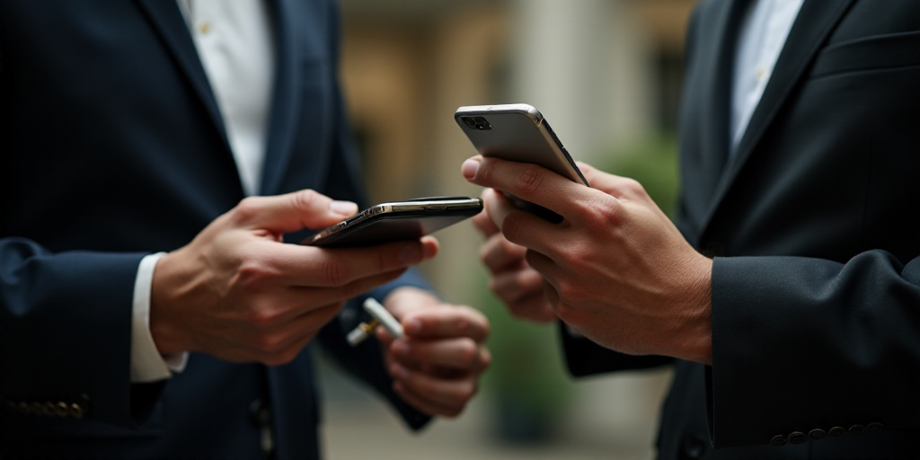 a man is holding a credit card and a cell phone in his hand while another man is holding a pen and a