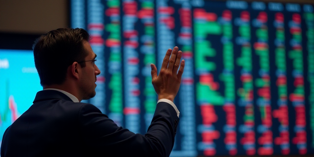 a man is holding his hand up in front of a wall of stock prices on the floor of the new york stock e