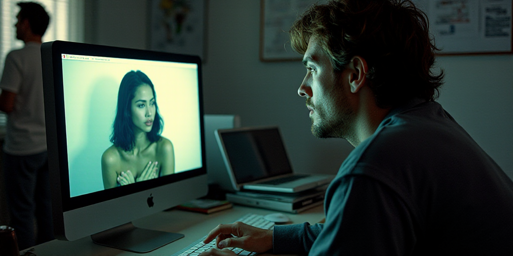 a man is looking at a computer screen with a picture of a woman on it and a man in the background, D