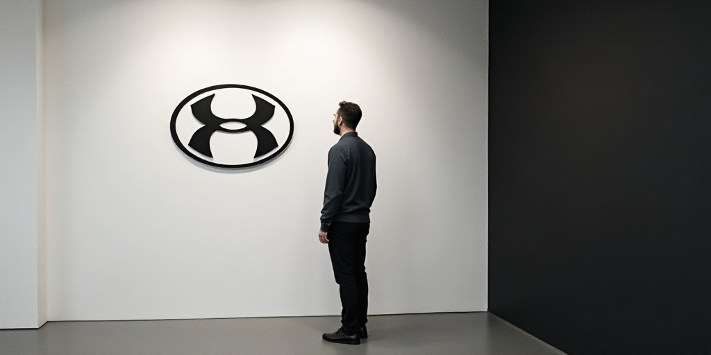 a man is looking at a logo on a wall in a room with a white wall and a black and white wall, Alexey