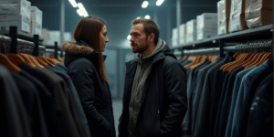 a man is looking at a rack of jackets in a store with a woman standing in front of him, Andries Stoc