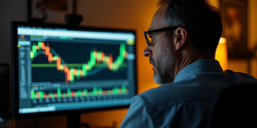 a man is looking at a screen with a stock chart on it and a man is looking at a computer screen, Eli