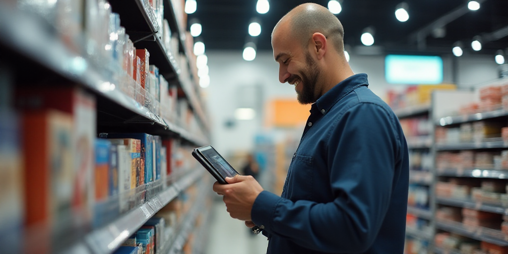 a man is looking at a tablet in a store aisle with a smile on his face and a smile on his face, Doug