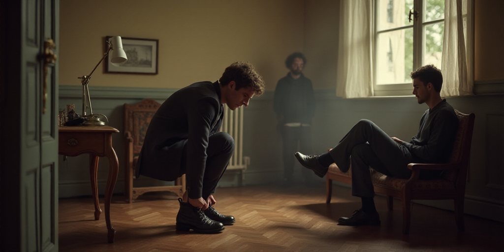 a man is putting on his shoes in a room with other people in the background and a table with a pair