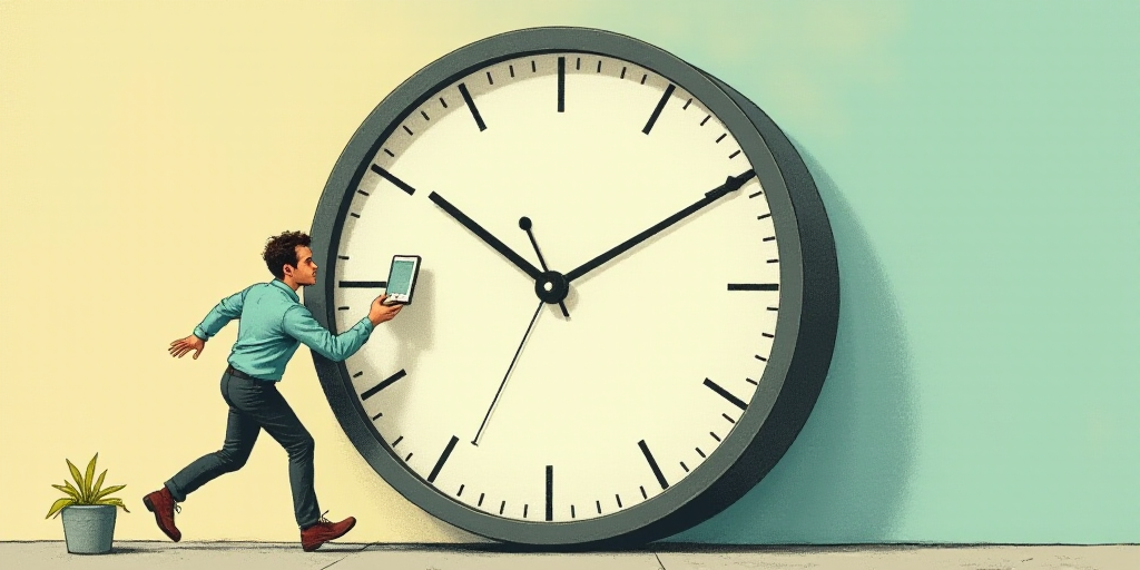 a man is running up the side of a clock to get to work on his phone and get back to work, Évariste