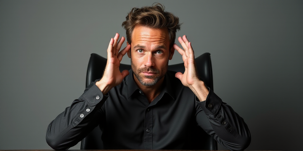 a man is sitting in a chair and gesturing with his hands up to the side of his face and his hand is