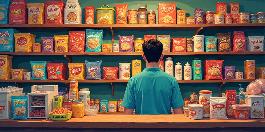 a man is standing behind a counter full of snacks and candy bars and candy bars and candy bars are s