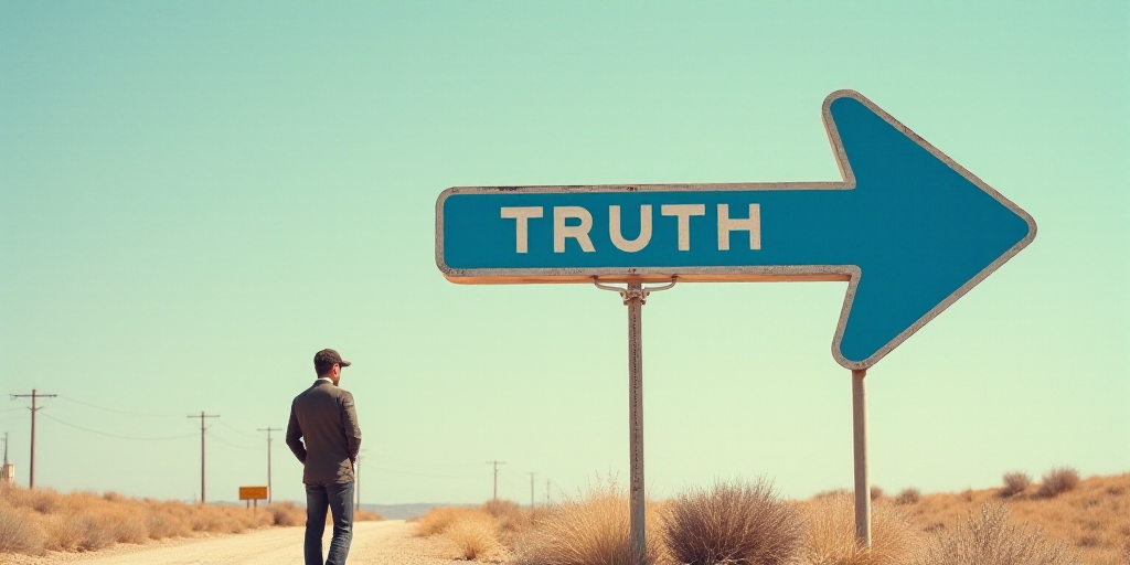 a man is standing in front of a sign that says truth on it and a blue arrow is in the background, Ed