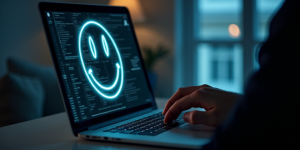 a man is using a laptop with a smiley face drawn on the screen and a smile drawn on the keyboard, An