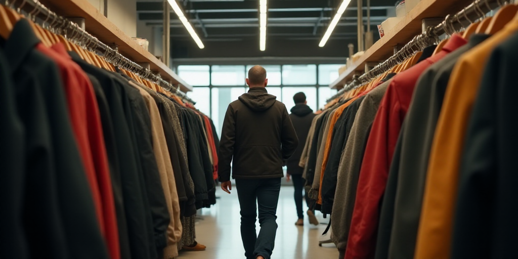 a man is walking through a clothing store with a rack of jackets and jackets on display behind him i