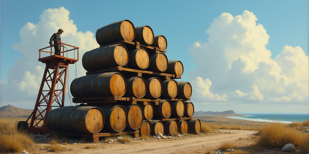 a man is working on a large stack of barrels on a crane in the sky above a large pile of barrels, An