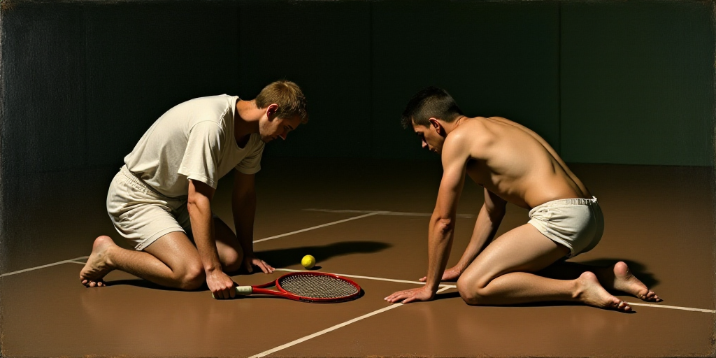 a man kneeling down holding a tennis racquet on a tennis court while another man kneels down, Carava