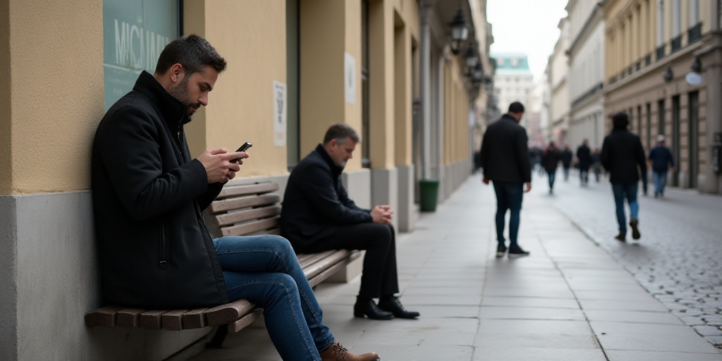 a man leaning against a wall while another man looks at his cell phone in the street while another m