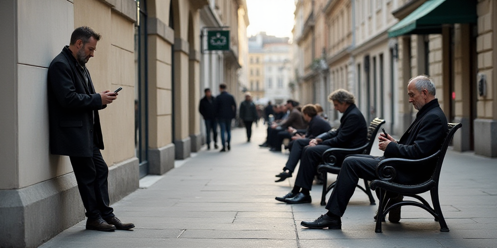 a man leaning against a wall while another man looks at his cell phone in the street while another m