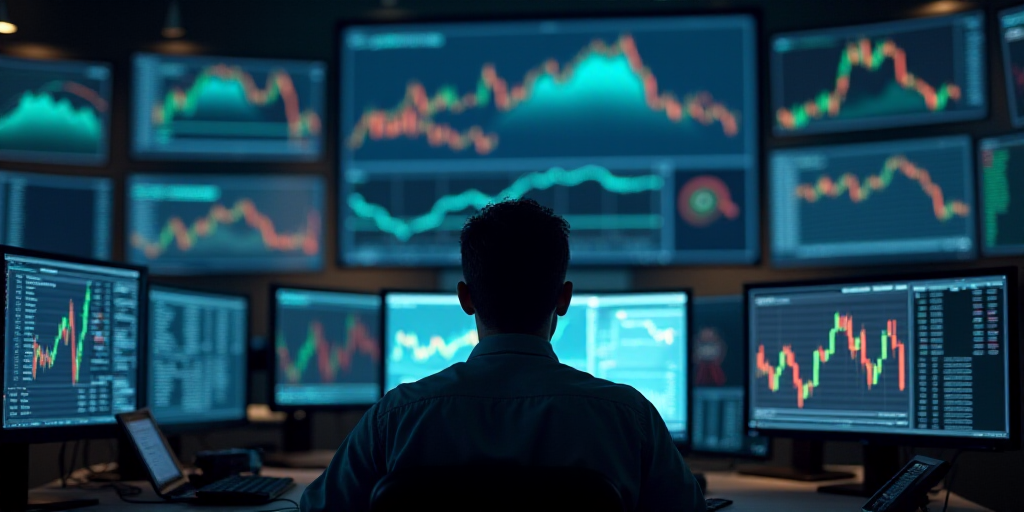 a man looking at multiple computer screens with graphs on them in a stock market room with a man in