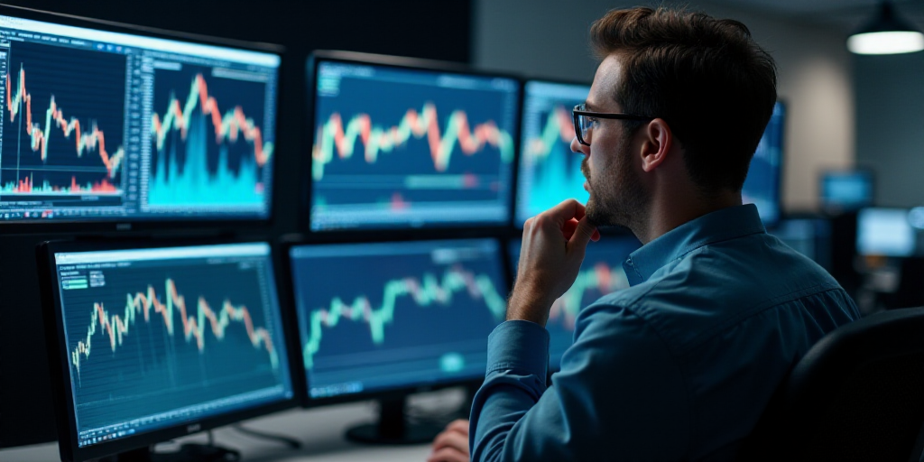 a man looking at multiple computer screens with graphs on them in a stock market room with a man in