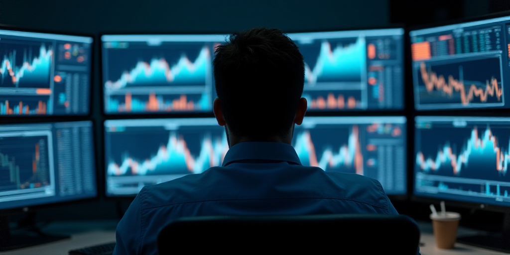 a man looking at multiple computer screens with graphs on them in a stock market room with a man in