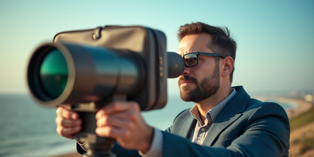 a man looking through a pair of glasses at the world through a telescope with a briefcase on top of