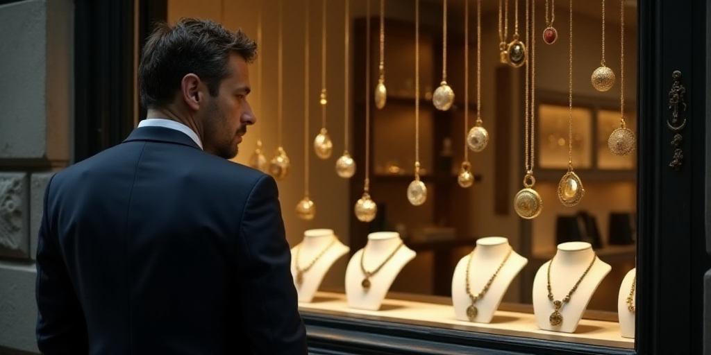 a man looking through a window at a jewelry store with a lot of necklaces on display behind it, Cefe