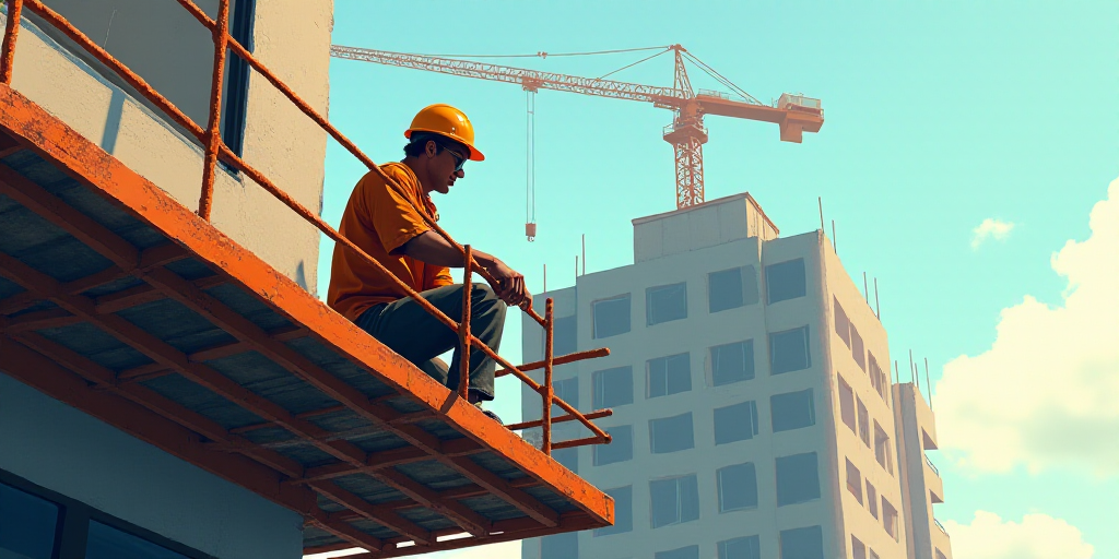 a man on a scaffolding on a building with a helmet on top of it and a building under construction, E