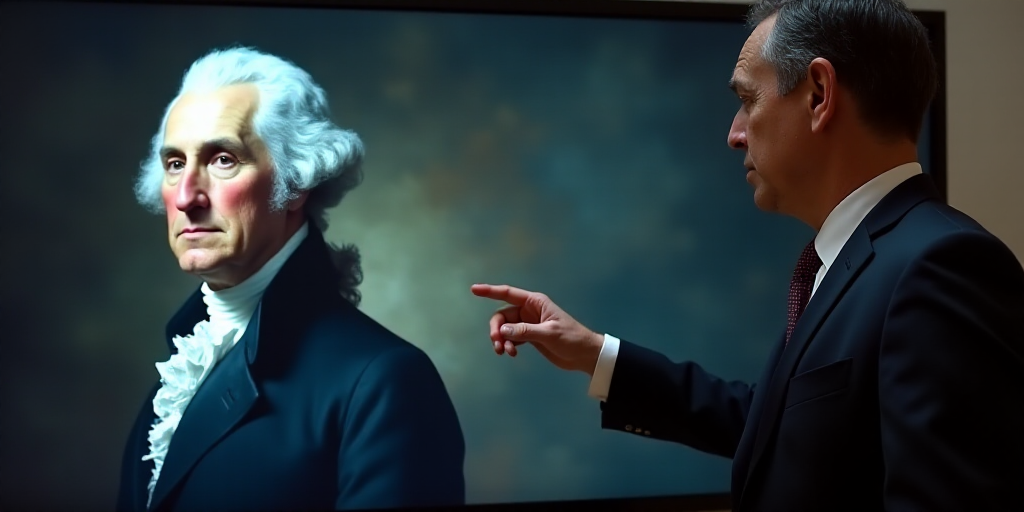 a man pointing at a picture of a man in a suit and tie on a screen with a picture of george washingt
